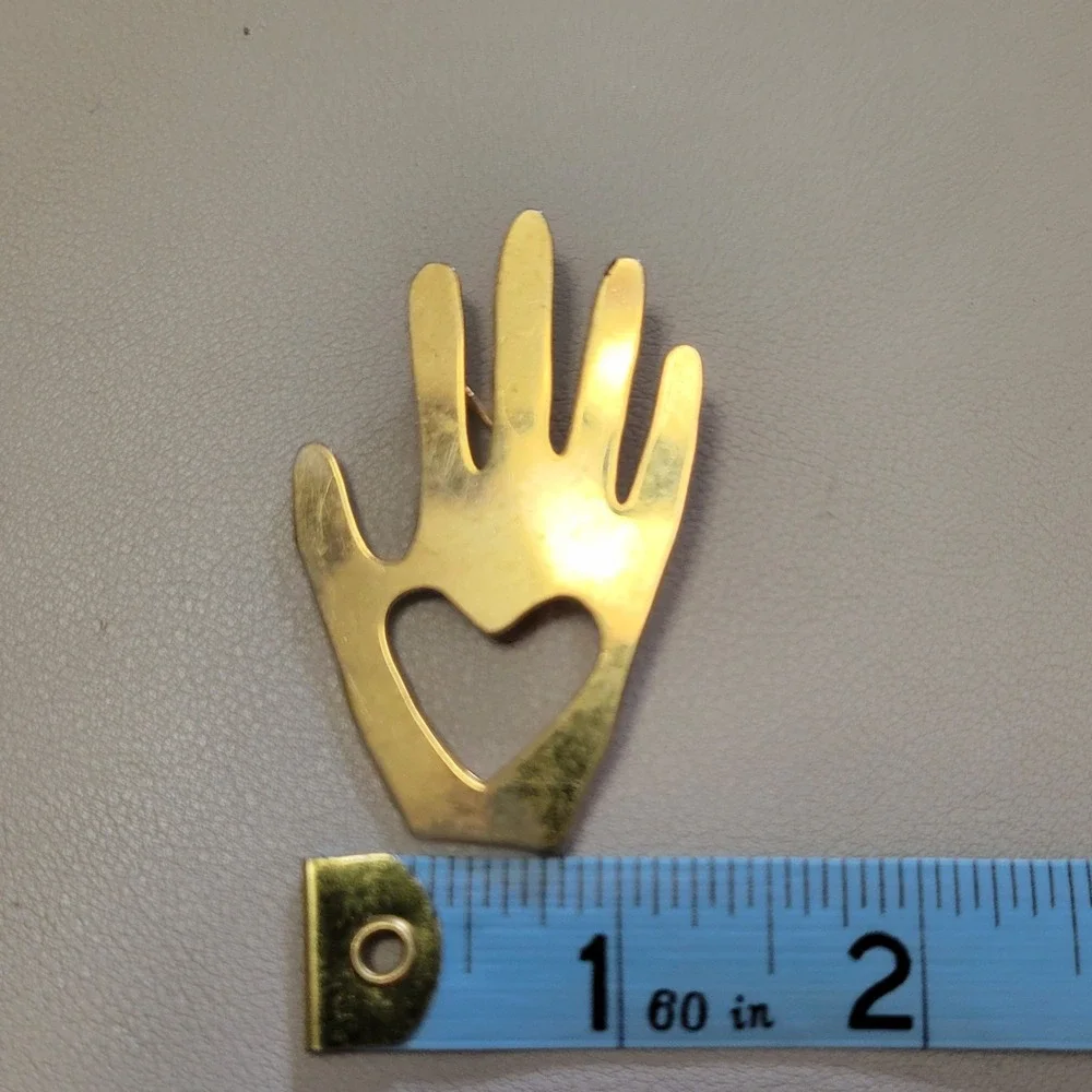 Vintage‎ Unsigned Gold Tone Heart in Hand Cut Out Over 2 Inches Brooch Love